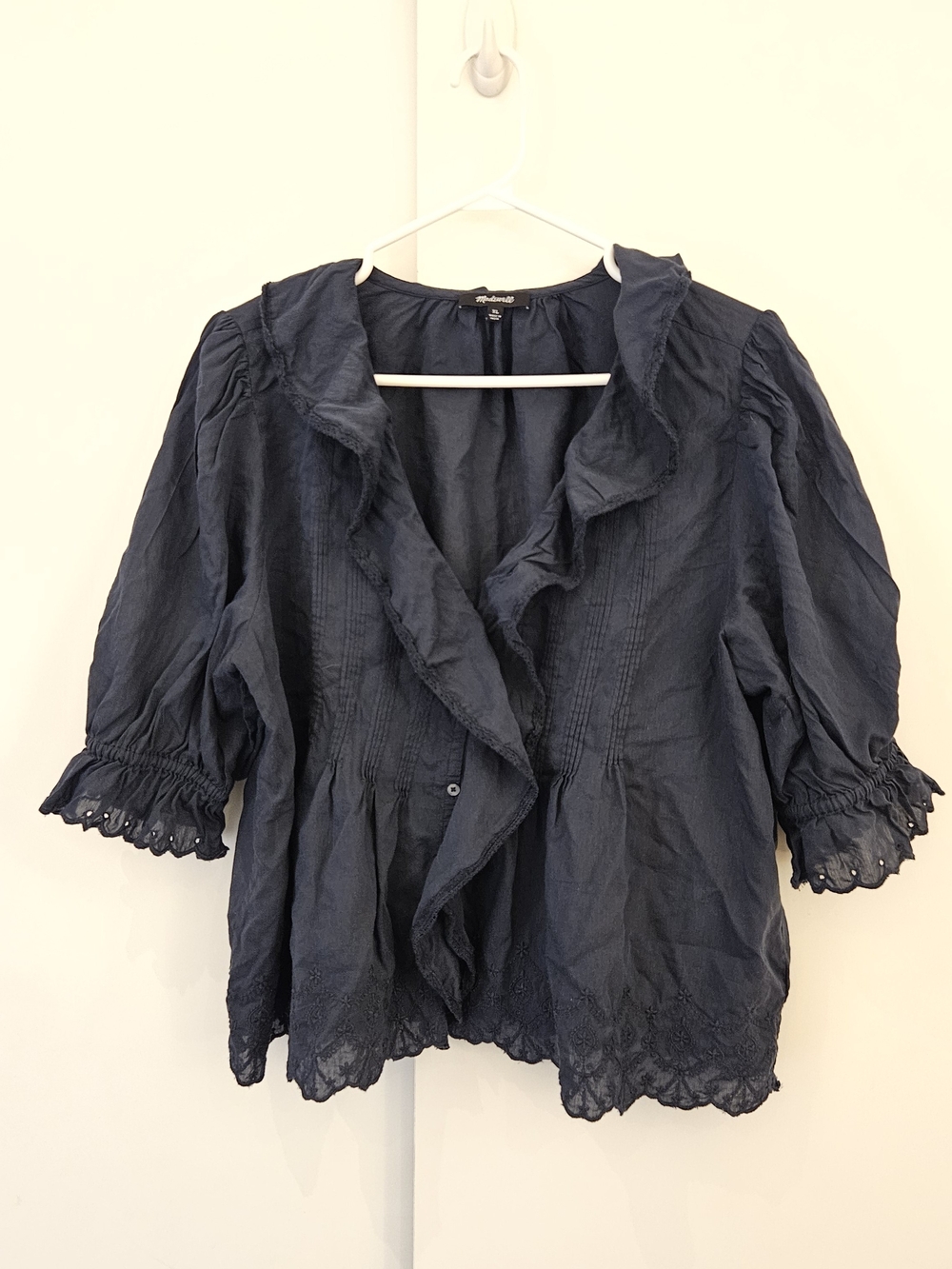 Madewell Navy Ruffle-Front Lace-Trim Blouse